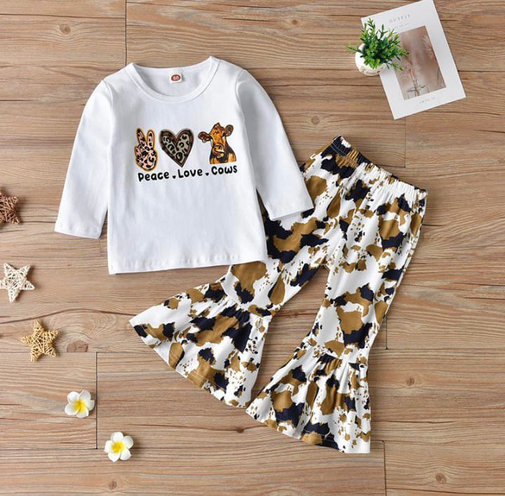 2-piece Toddler Girl Leopard Animal Print Long-sleeve Tee and Flared Pants Set