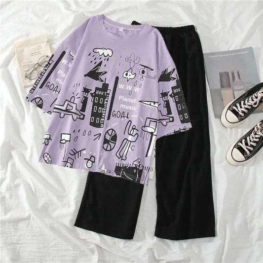 Purple Multi Printed Night Wear (Half Sleeves)