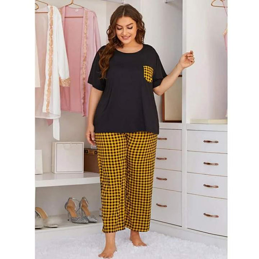 PLUS SIZE - BLACK CONTRAST CHEKERED NIGHT WEAR SET