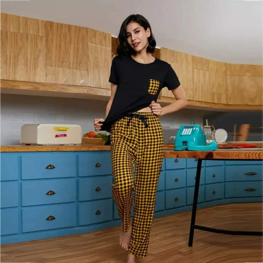 BLACK CONTRAST CHECKERED NIGHT WEAR SET